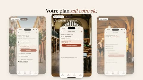 “Votre plan suit votre vie” (your plan follows your life): three phones set over three cities.