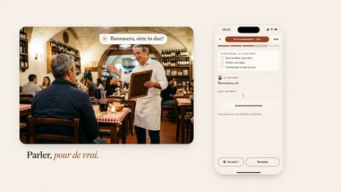 “Parler, pour de vrai” (speak, for real): a conversation in a restaurant and the exercise screen.