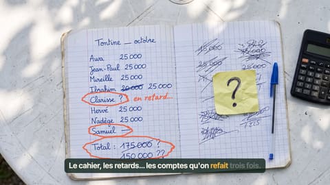 The tontine notebook: late payments and crossed-out totals.
